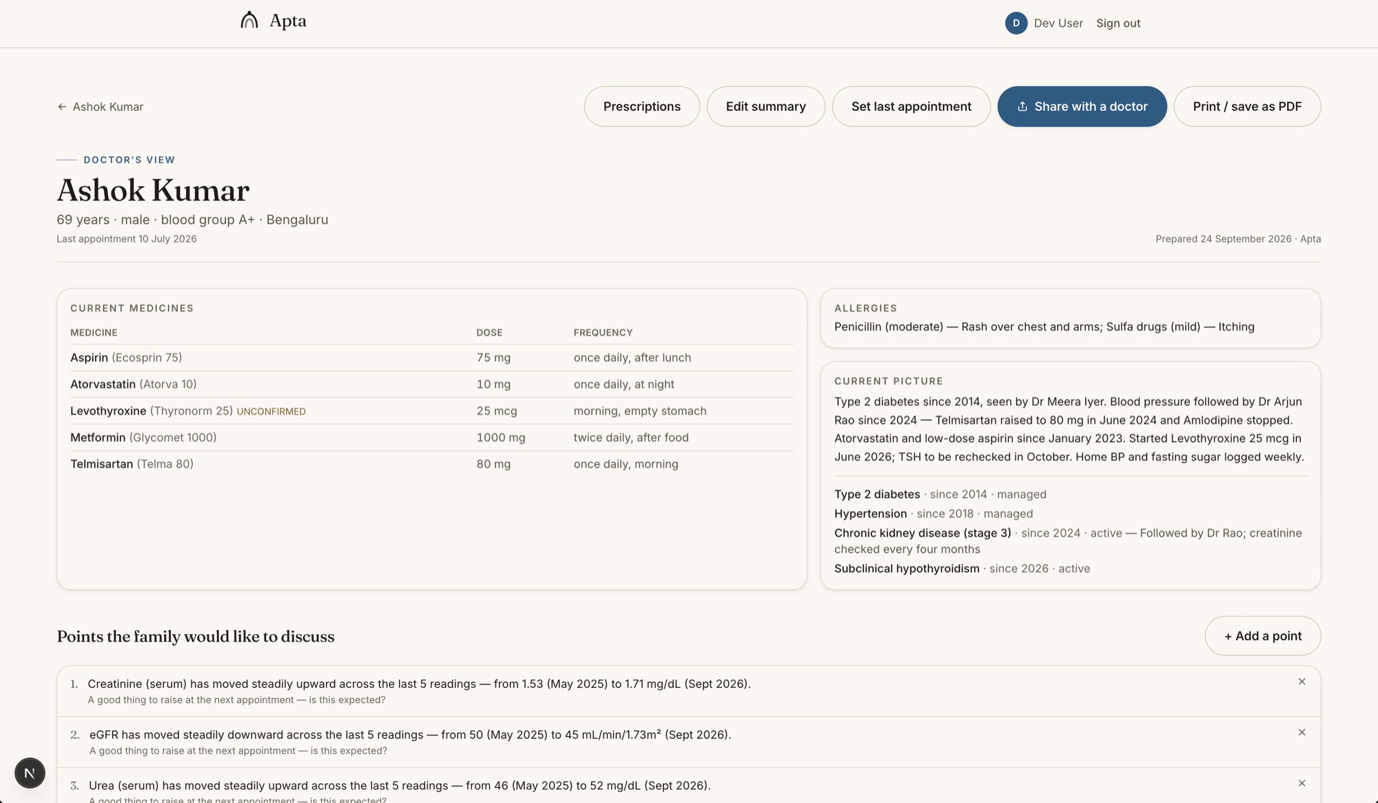 Doctor's view summary with medicines, allergies and conditions