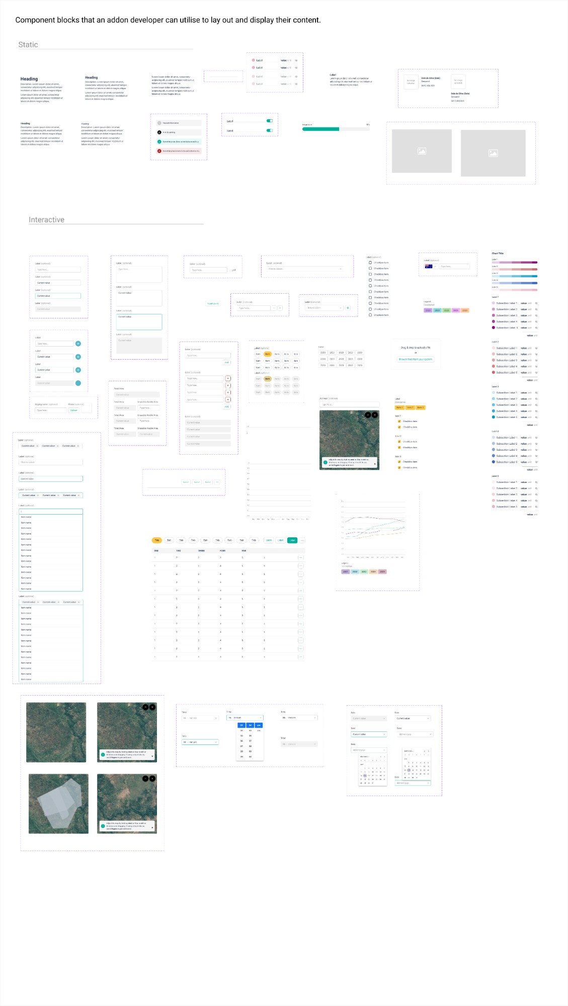 Figma component library for the agtech product: static and interactive building blocks an addon developer can use to lay out and display content.