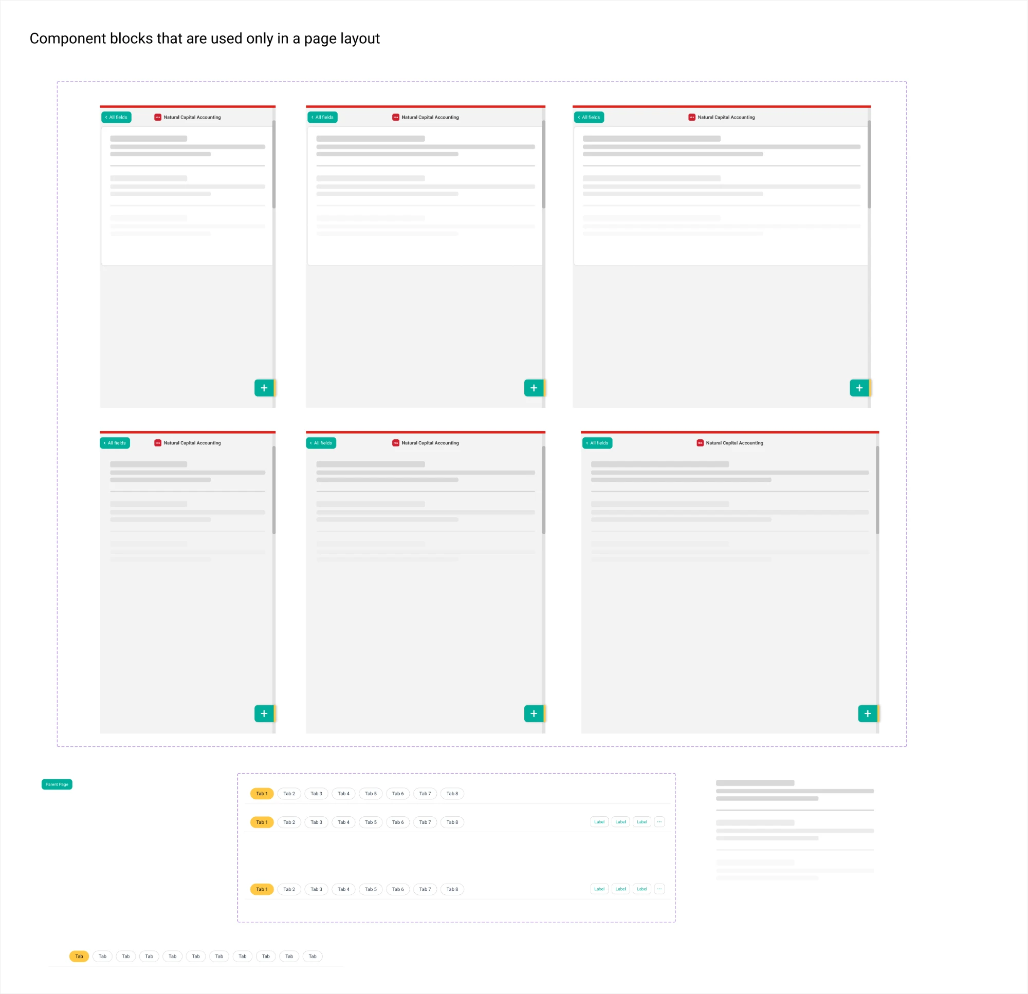 Component blocks used only in a page layout: page shells with a back button and title, and tab bars.
