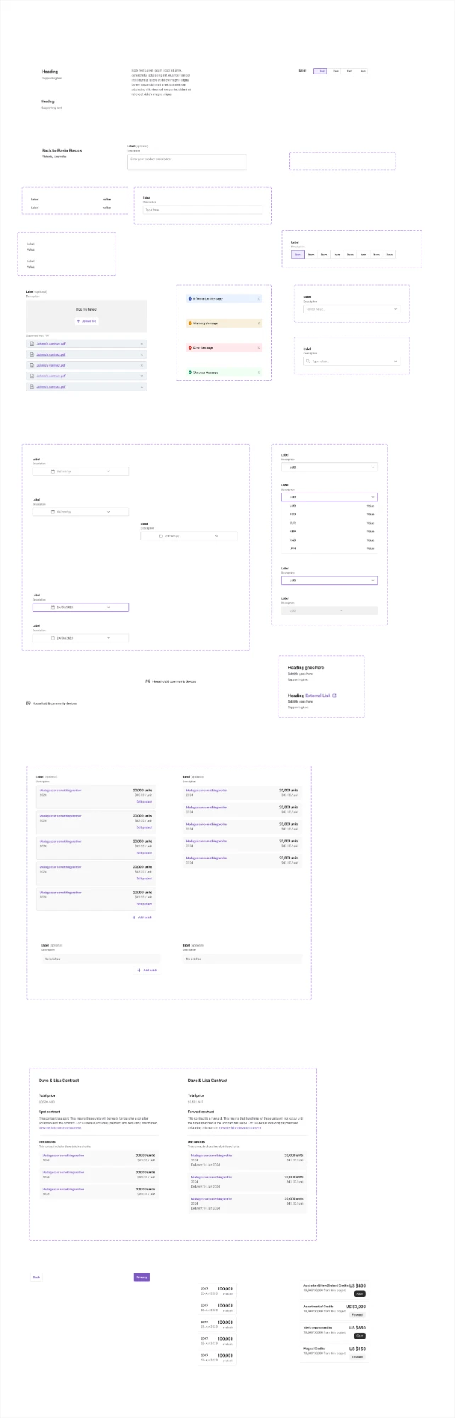 Figma component library for the carbon market product: forms, file upload, alerts, date and currency pickers, batch lists, contracts and credit listings.