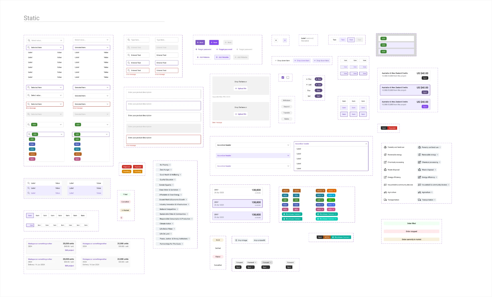 Static components for the carbon market product, organised into the same structure: selects, inputs, tags, statuses, filters and listing cards in every state.