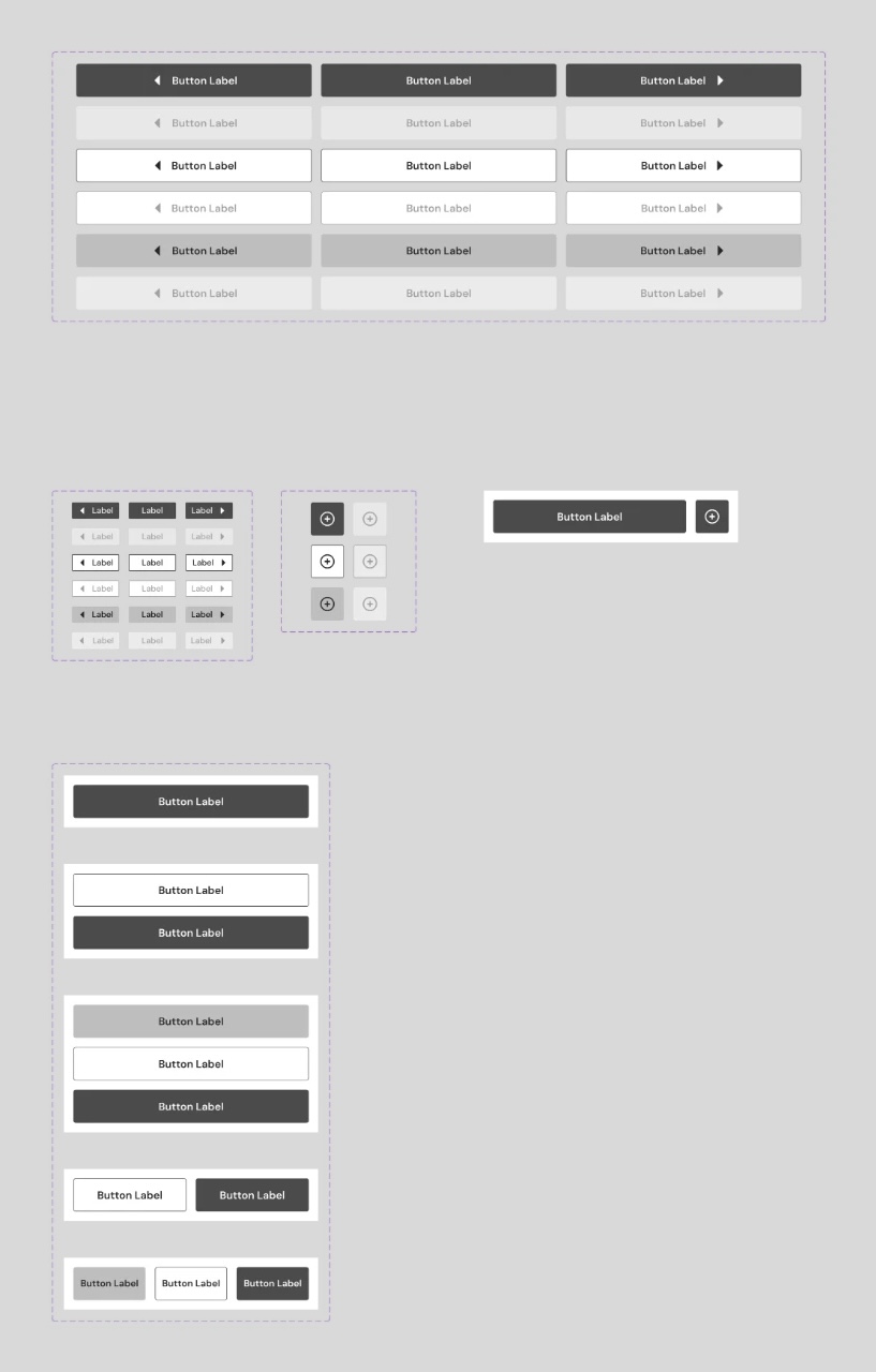 Lo-fi buttons in Figma: primary, secondary and tertiary styles in full, small and icon sizes, with enabled and disabled states and stacked button groups.