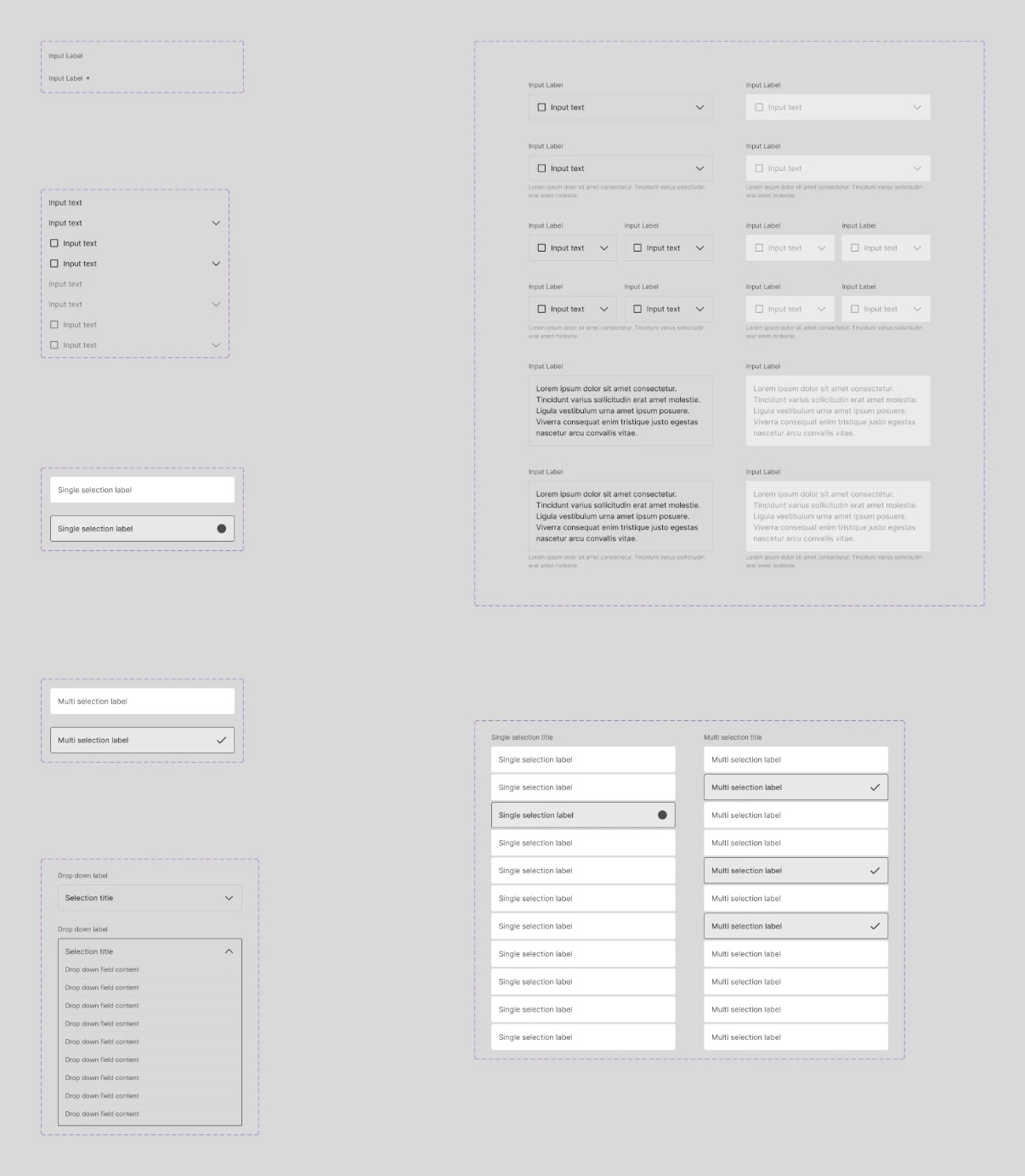 Lo-fi inputs in Figma: labels, text fields, dropdowns and text areas in enabled and disabled states, single and multi selection lists, and an open dropdown.