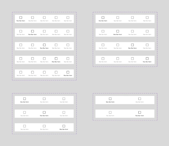 Lo-fi bottom navigation bars in Figma with two to five items, each with a variant for every selected item.