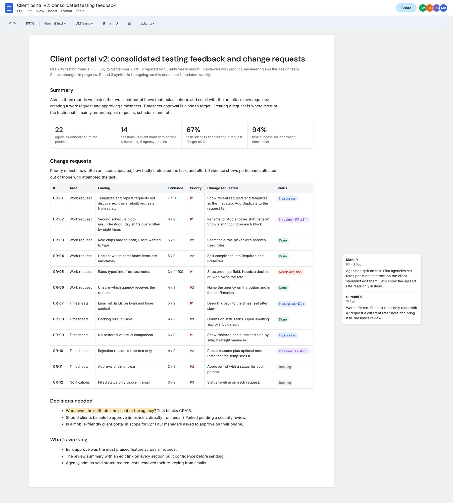 Consolidated testing feedback and change requests