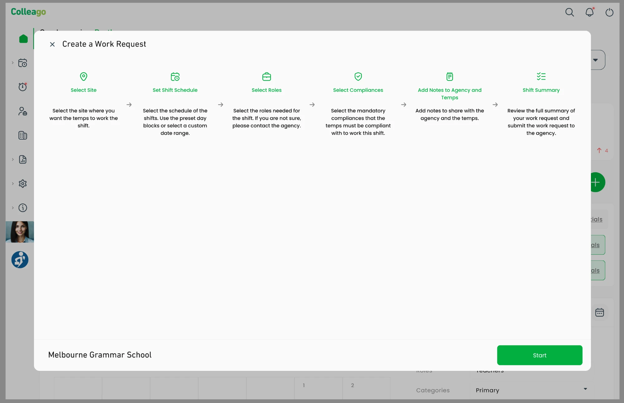 Create a request: a step-by-step form for dates, times, site and roles