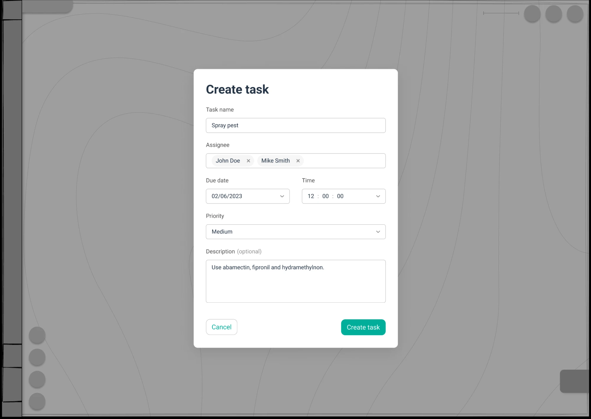 Mid-fi create task screen on the farm map