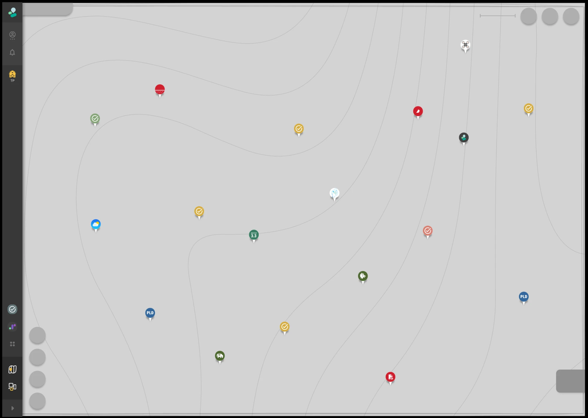 Mid-fi farm map showing check-mark task pins among sensor and addon pins