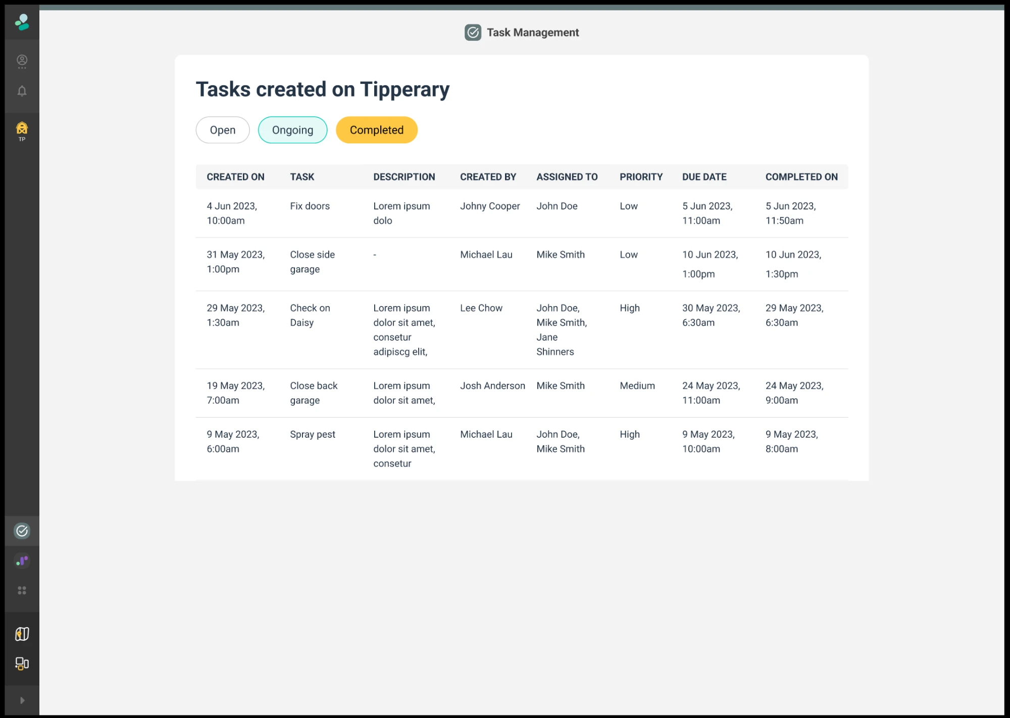 Mid-fi task management page with Open, Ongoing and Completed tabs