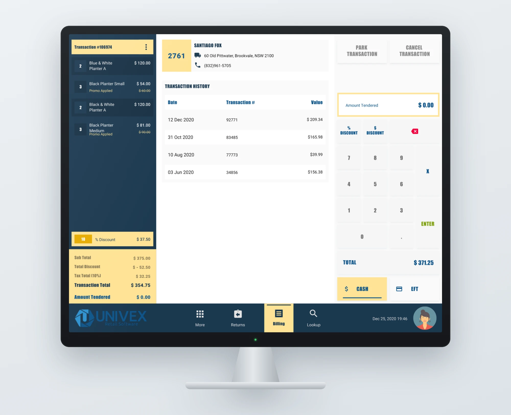 Redesigned billing screen with a customer selected: their number, address and phone at the top, and a table of their recent transactions.