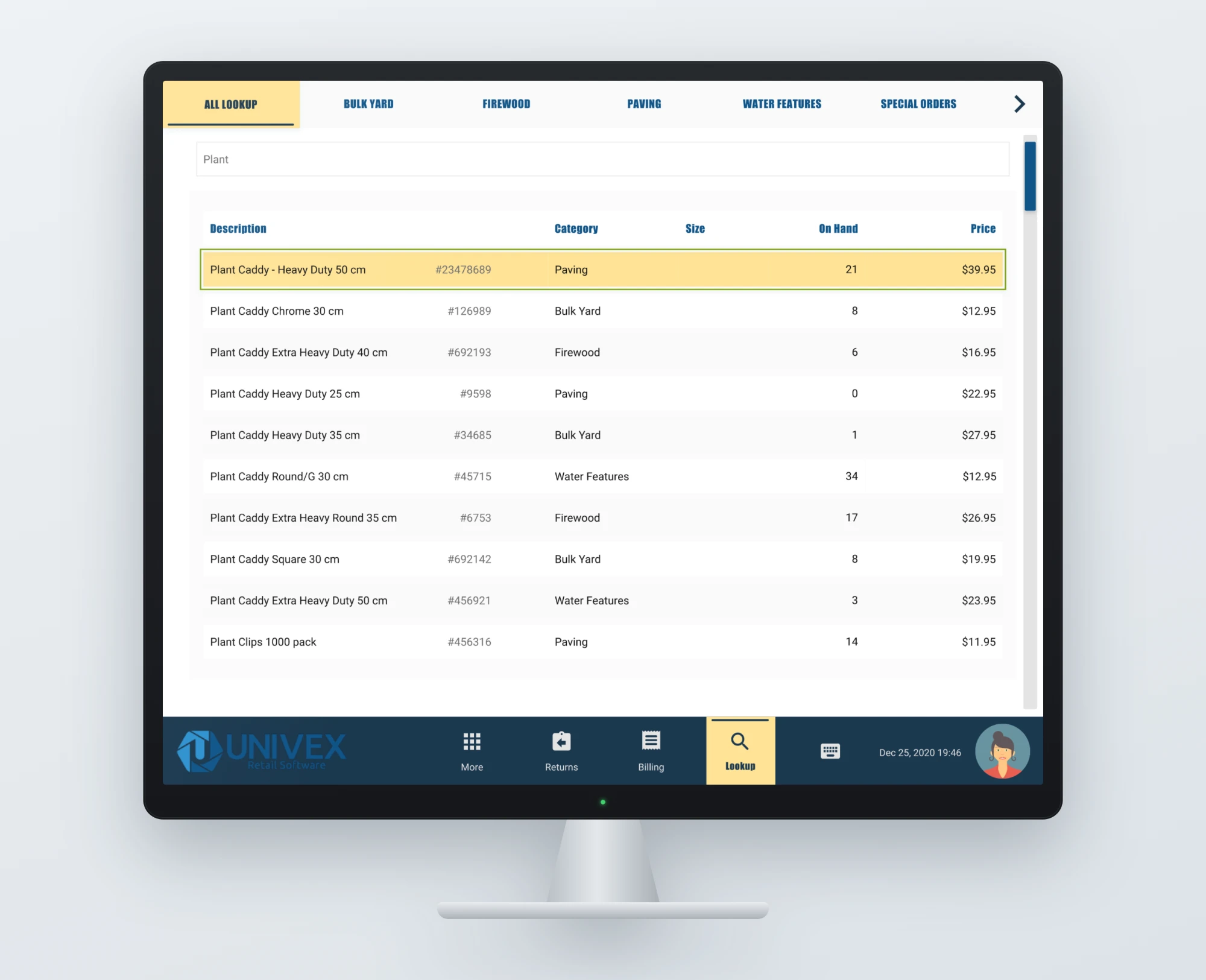 Redesigned item lookup: department tabs, one search box and a five-column table of description, category, size, on hand and price, with the first row selected.