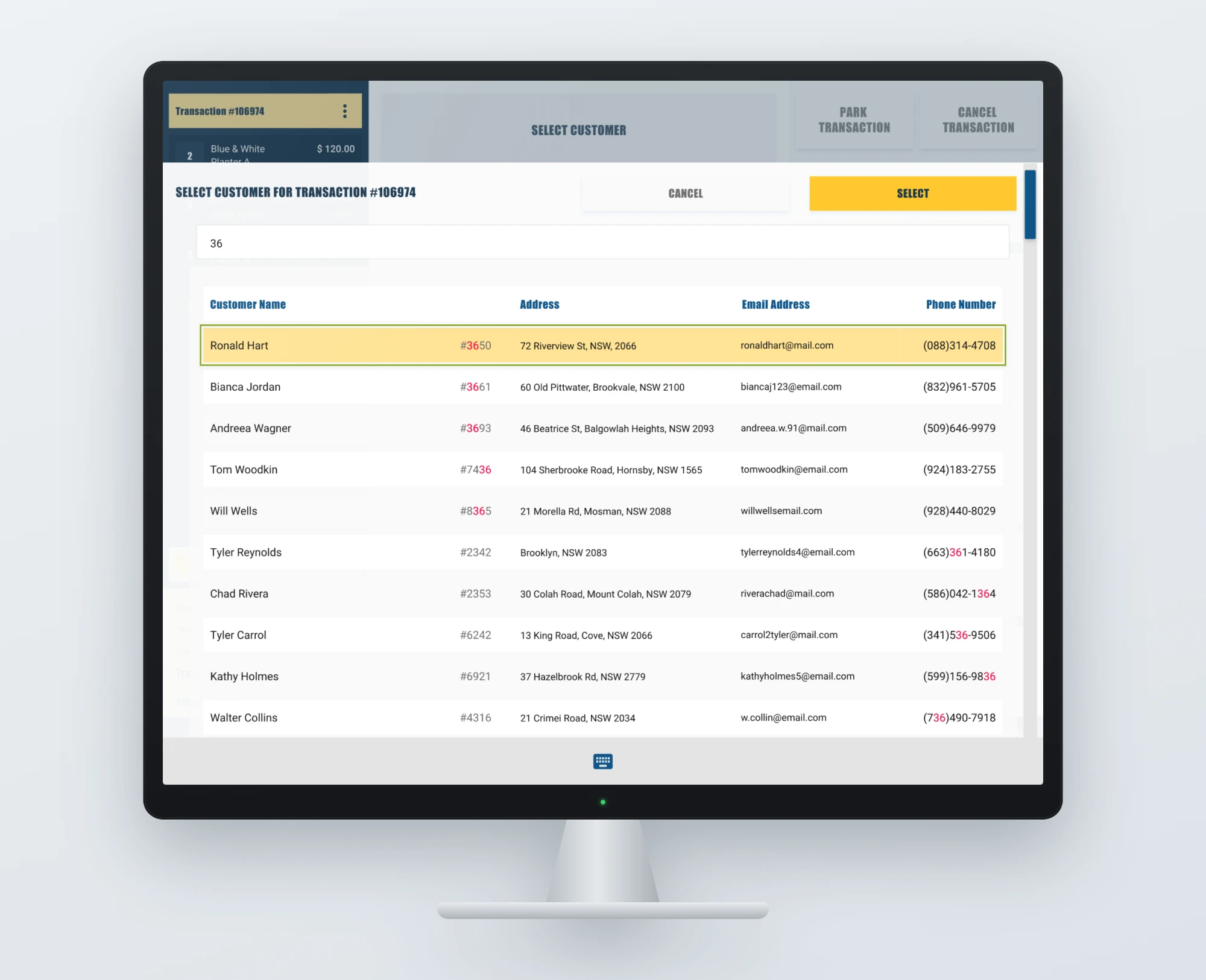 Redesigned customer search overlay: one search box, a customer table with the matching digits highlighted, and Cancel and Select buttons.