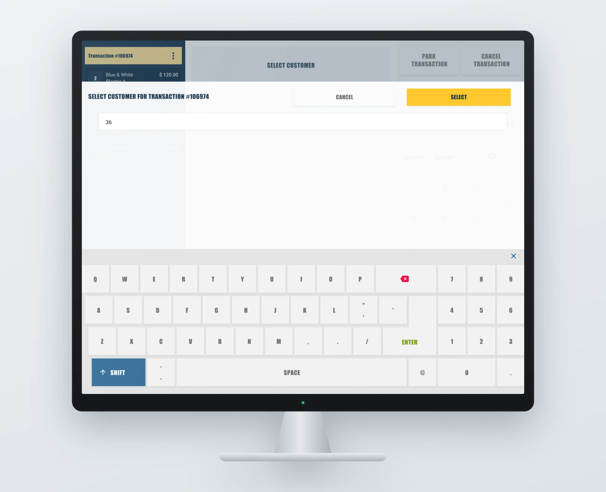 Redesigned on-screen keyboard: a light QWERTY layout with a number pad, Shift, Space, Enter and a close button, under the customer search.